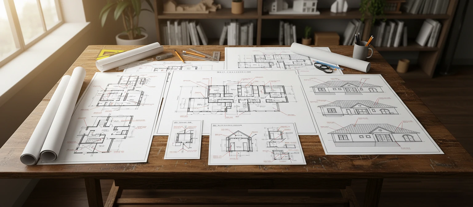 Comprehensive drawing set spread across table showing floor plans, elevations, sections, and detail sheets with annotation callouts