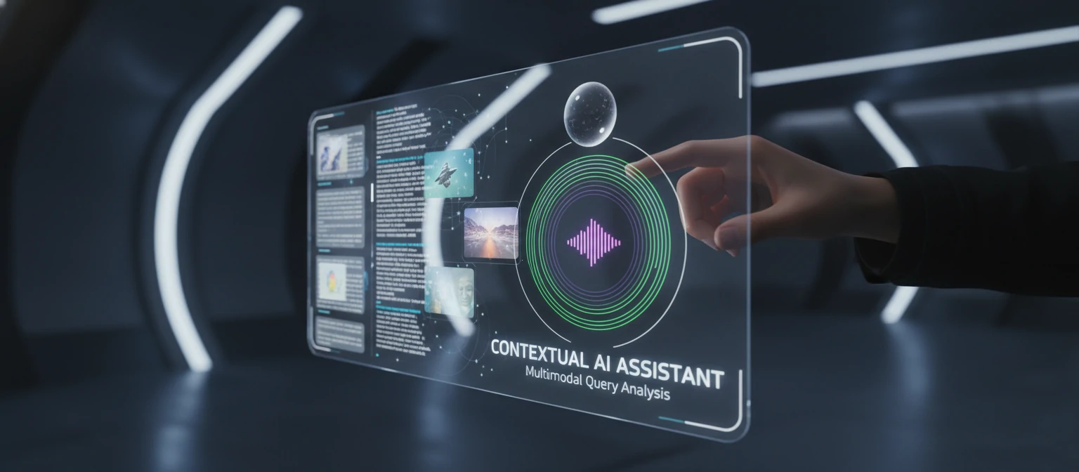 Concept image of user interacting with holographic AI interface combining text, image, and voice