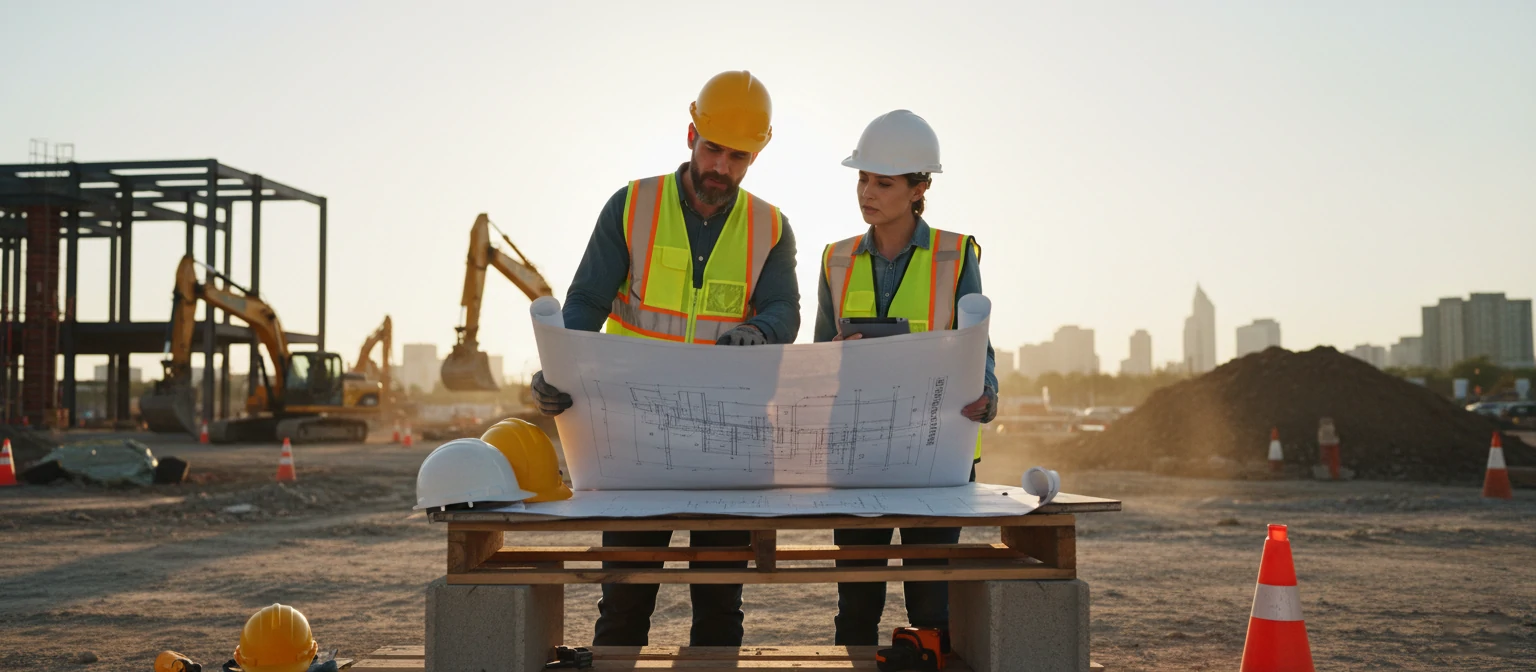 Construction site with engineers reviewing blueprints