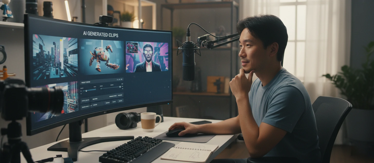 Content creator reviewing AI-generated video clips
