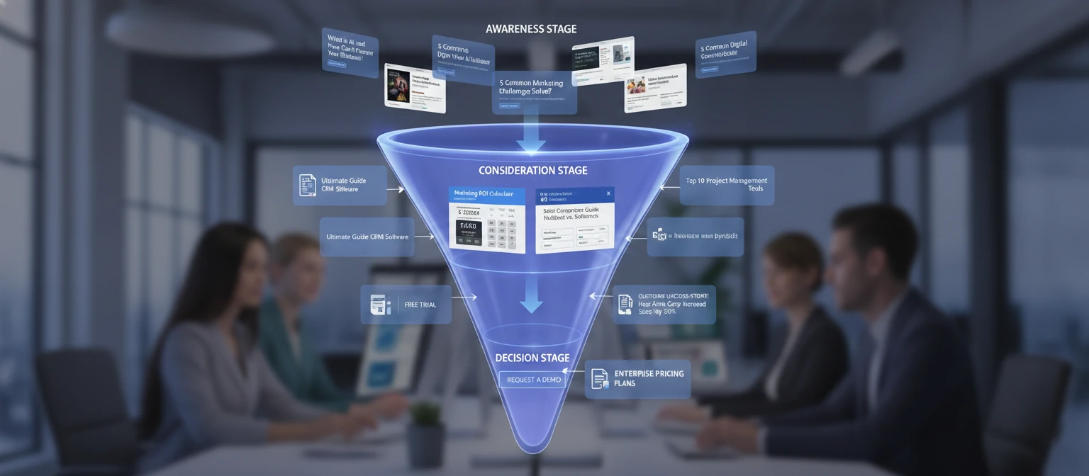 Content funnel visualization showing specific content types mapped to each buyer stage