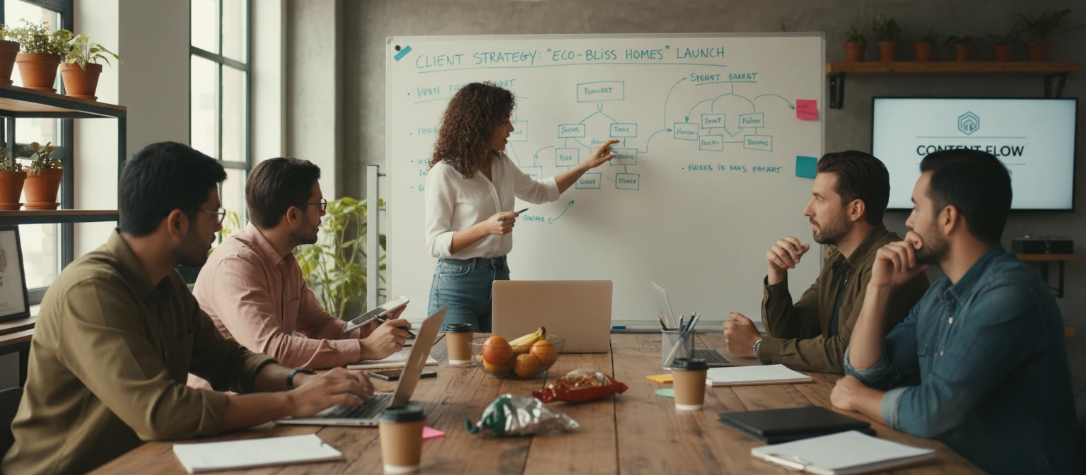 Content marketing agency team working on client strategy