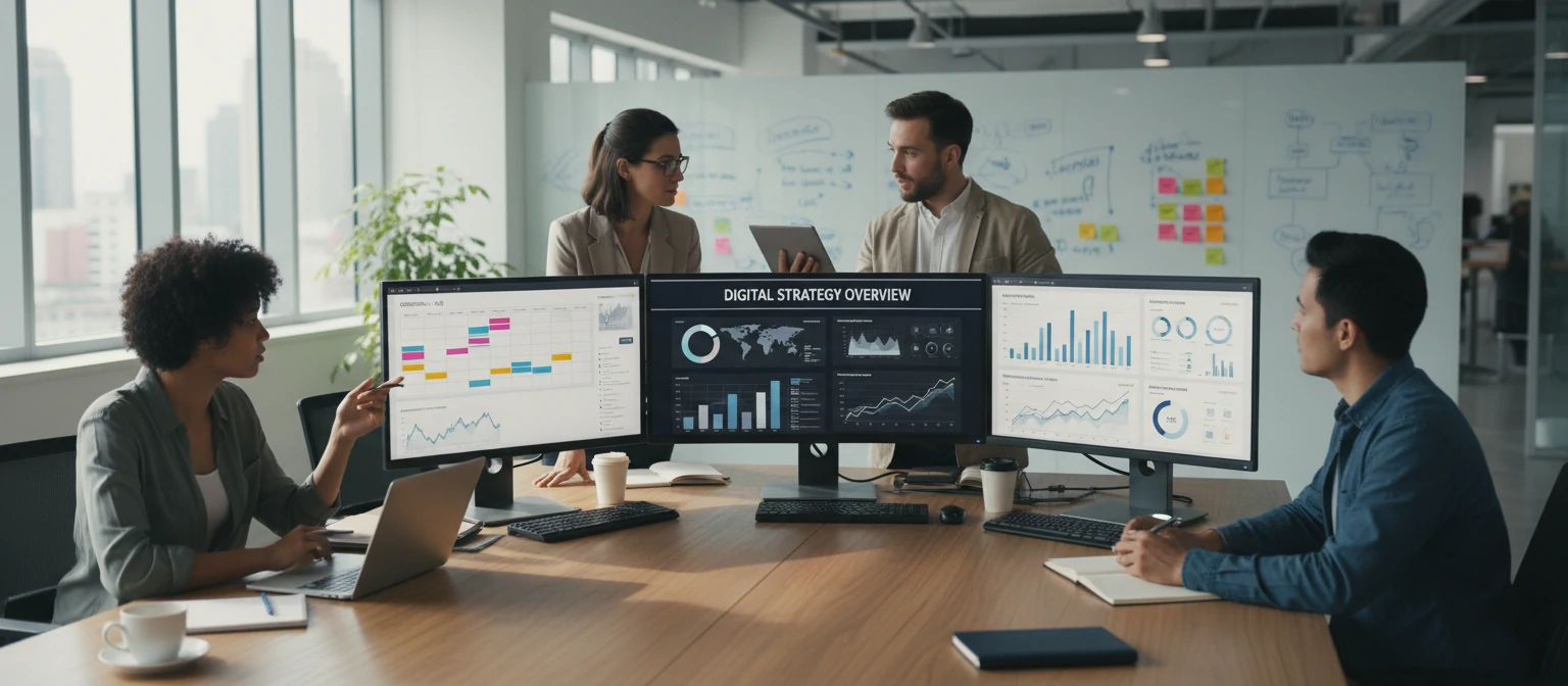 Content marketing team analyzing digital strategy on screens