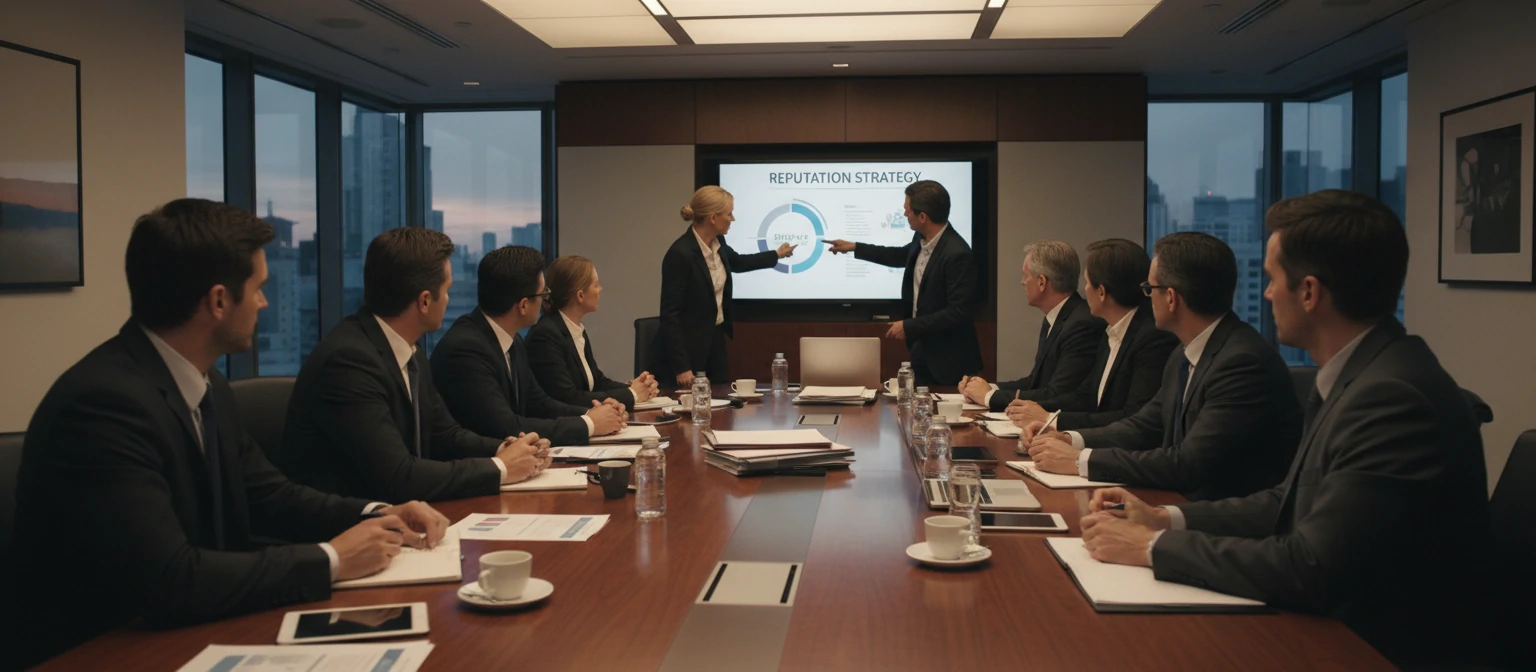 Corporate boardroom with executives discussing reputation management strategy