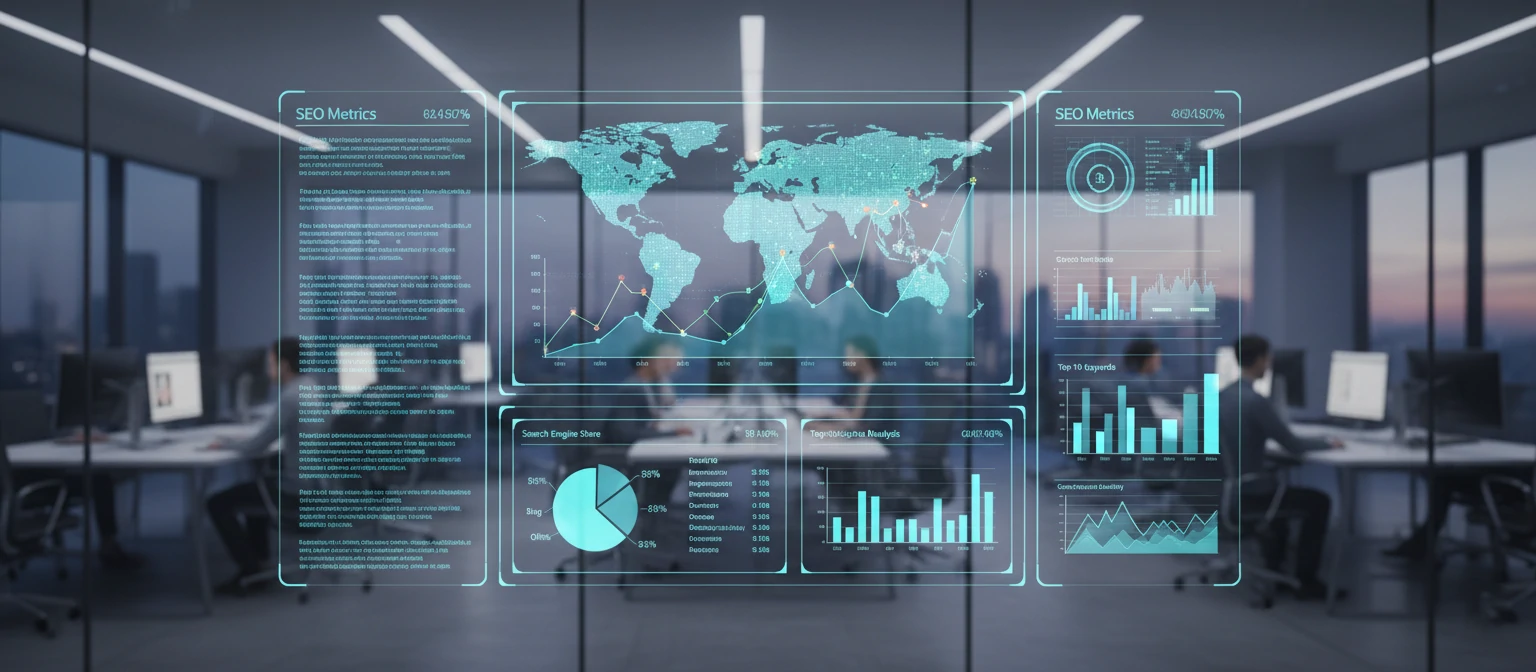 Corporate office data analytics dashboard showing SEO metrics