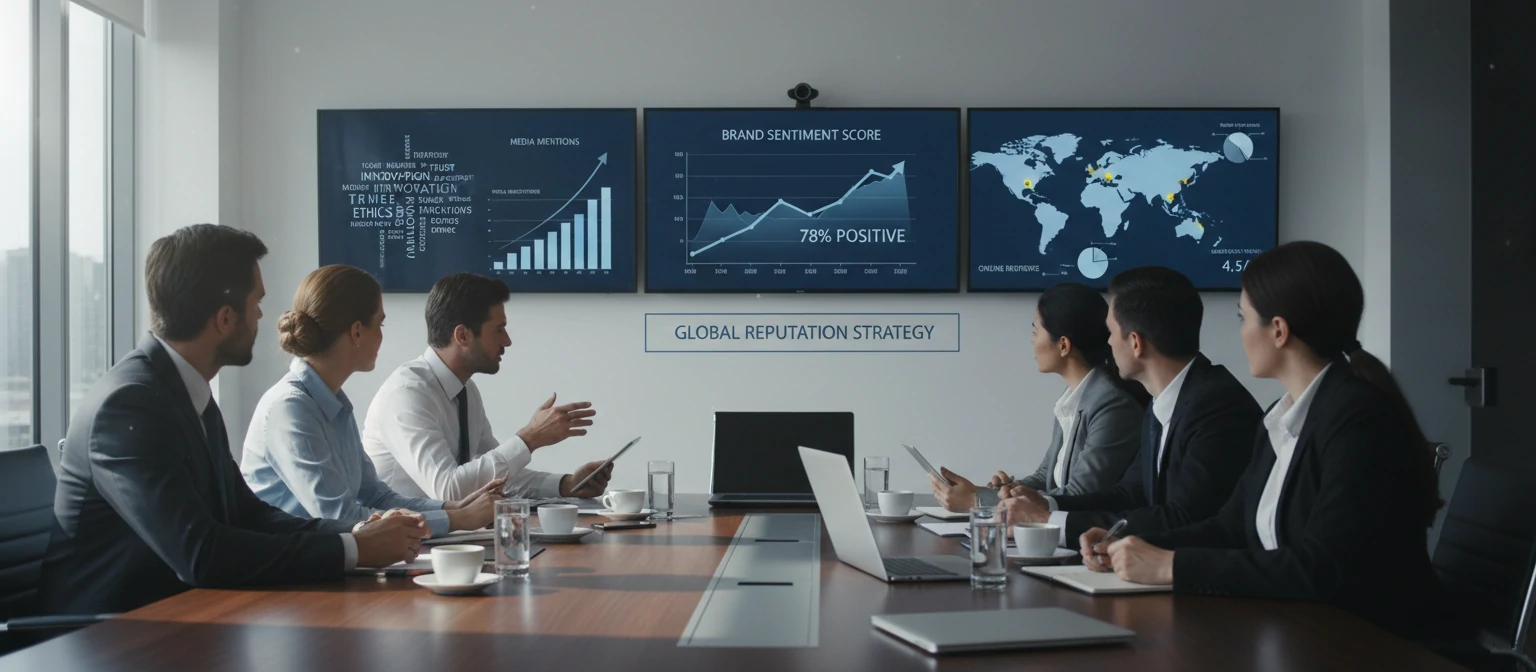 Corporate reputation management strategy meeting with executives reviewing metrics on screens