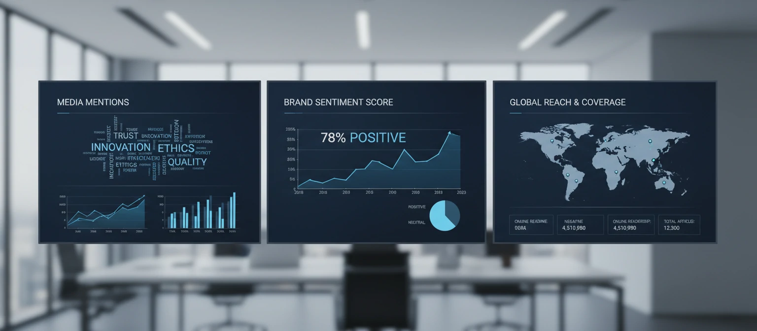 Corporate reputation monitoring dashboard showing analytics and sentiment metrics
