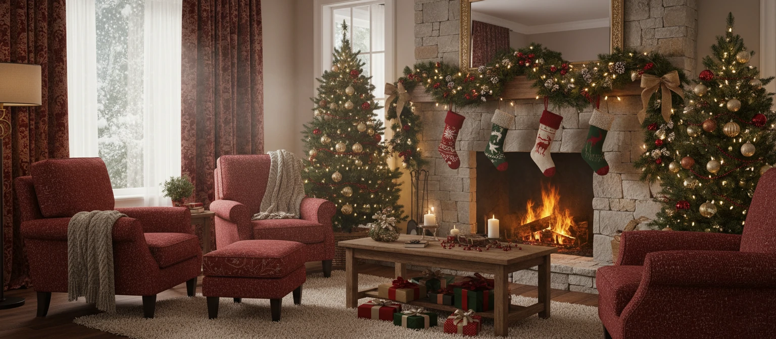 Cozy Christmas living room with fireplace and holiday decorations