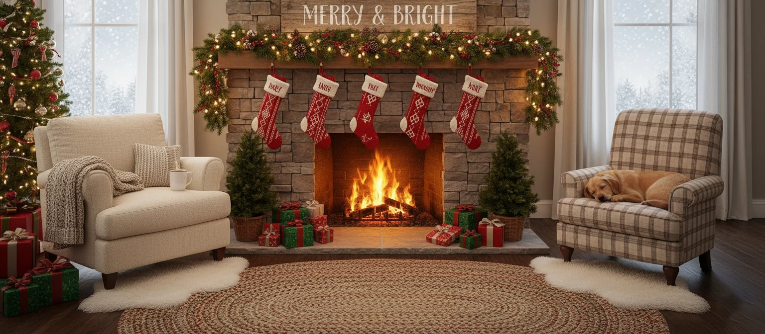 Cozy living room with Christmas decorations and warm fireplace