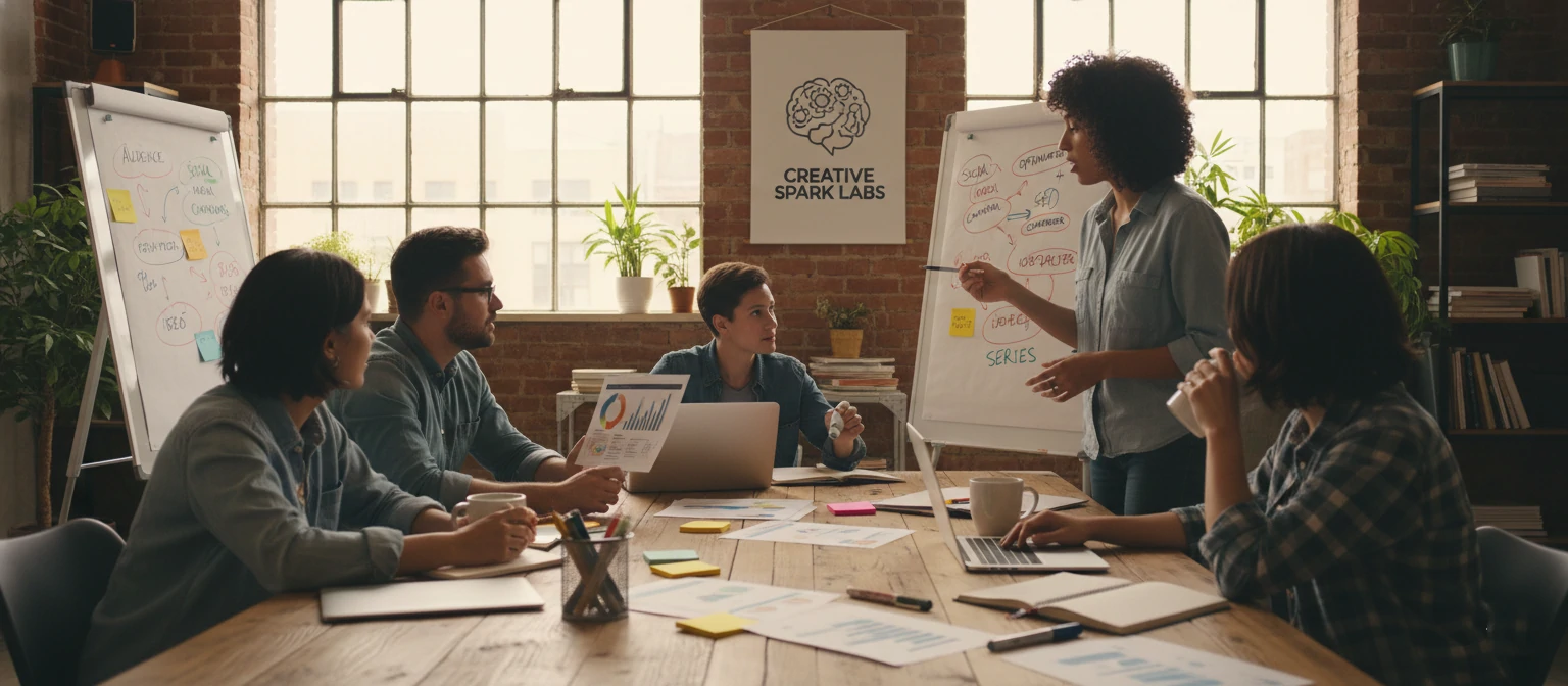 Creative agency team brainstorming content strategies