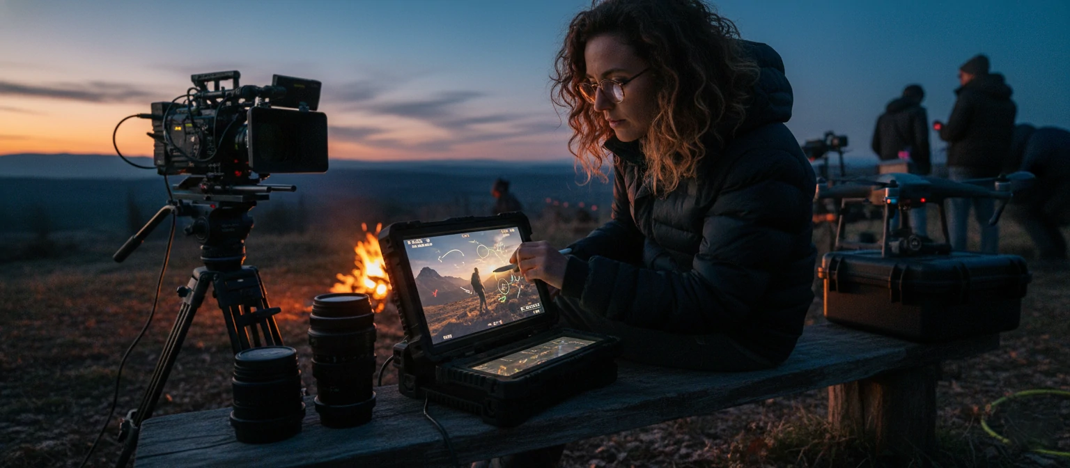 Creative filmmaker reviewing video footage