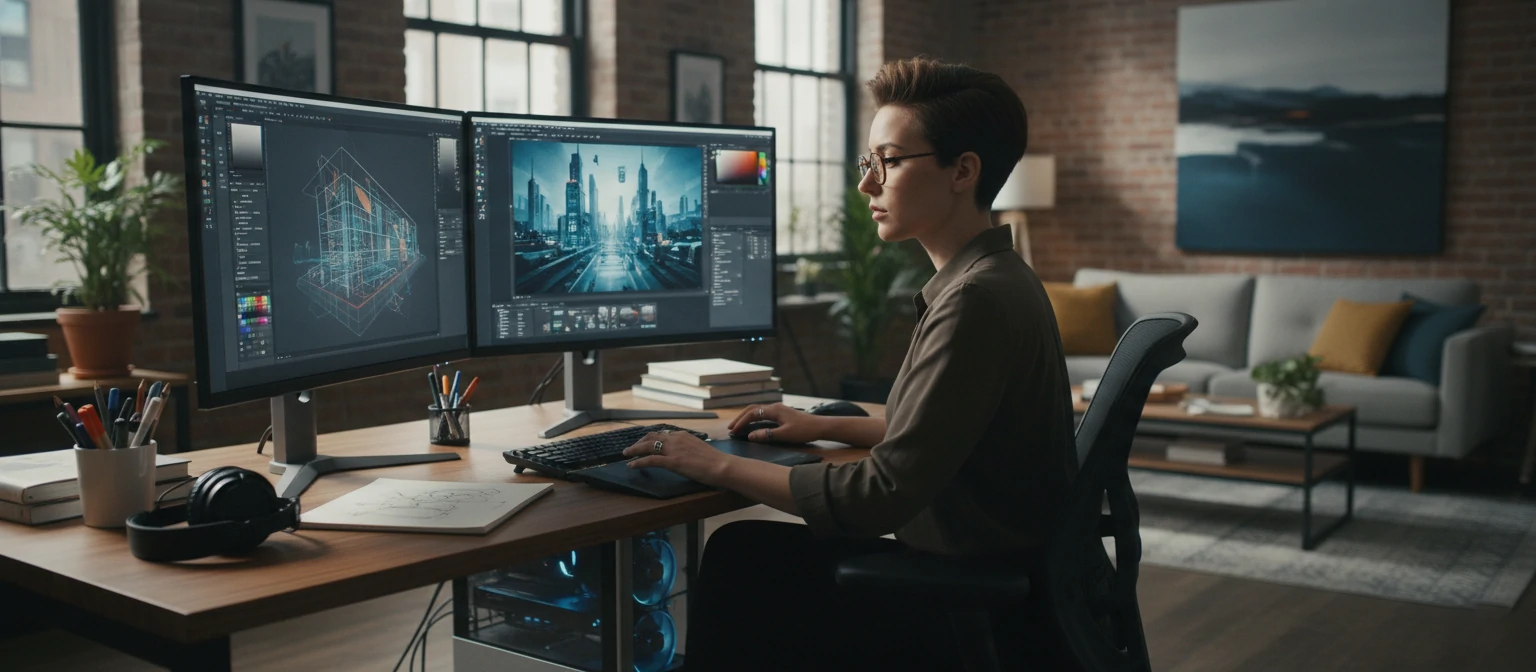 Creative professional using design tools on a modern workstation