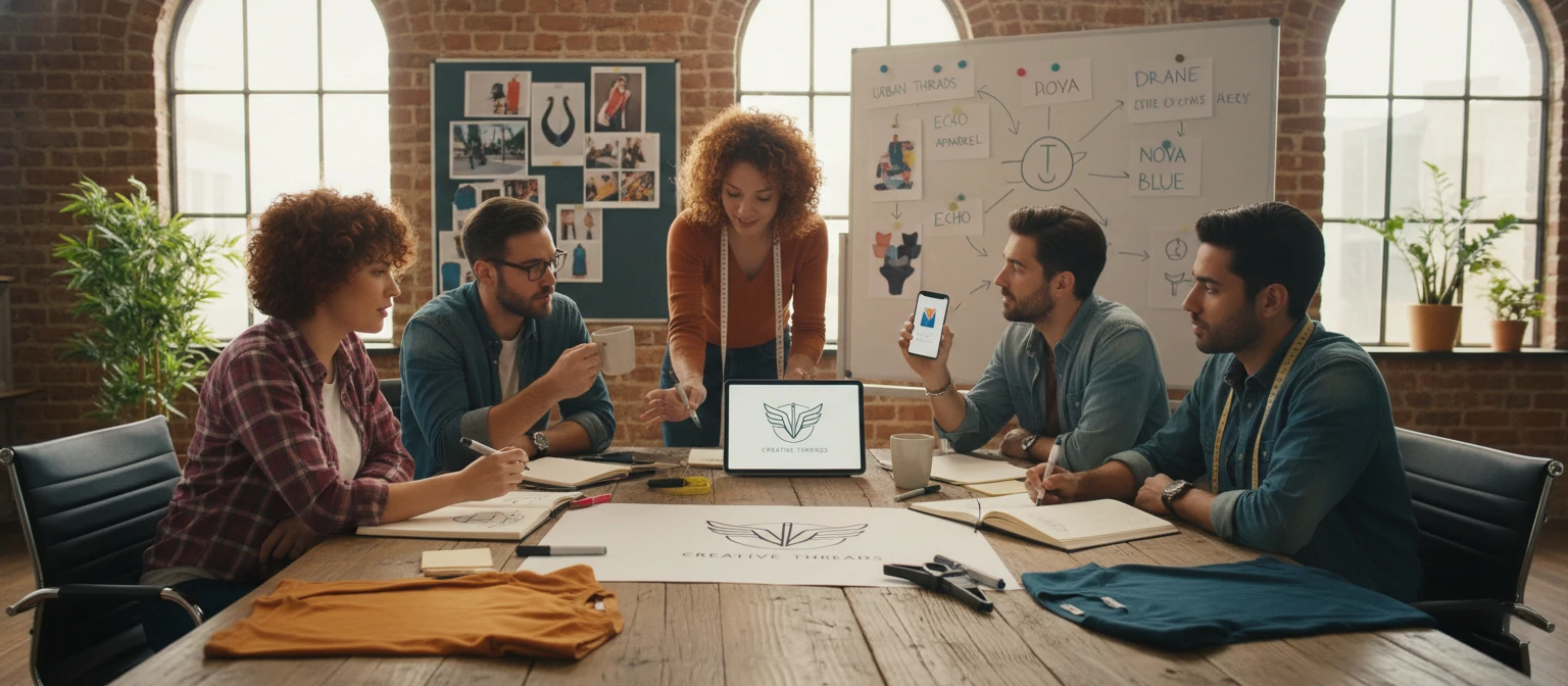 Creative team brainstorming clothing brand logo designs