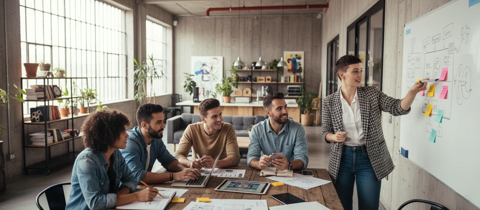 Creative team collaborating in modern workspace