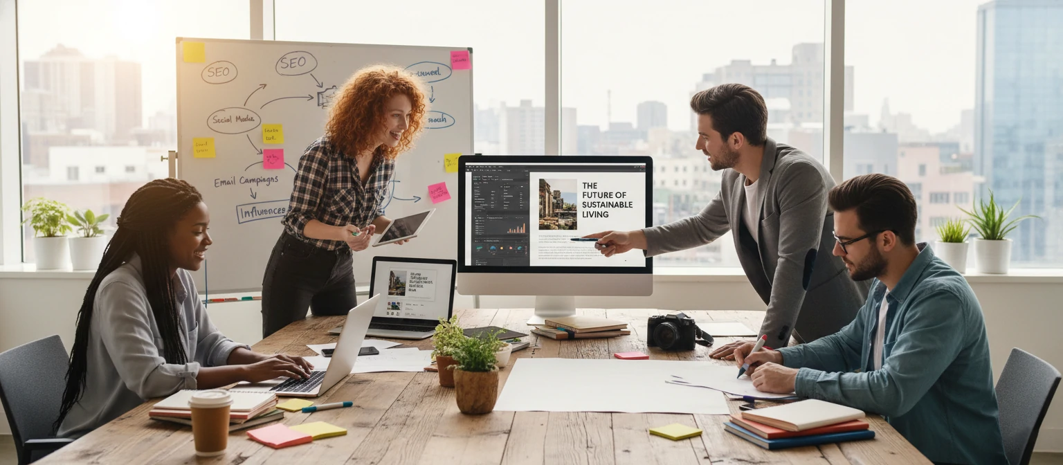 Creative team collaborating on content marketing strategy