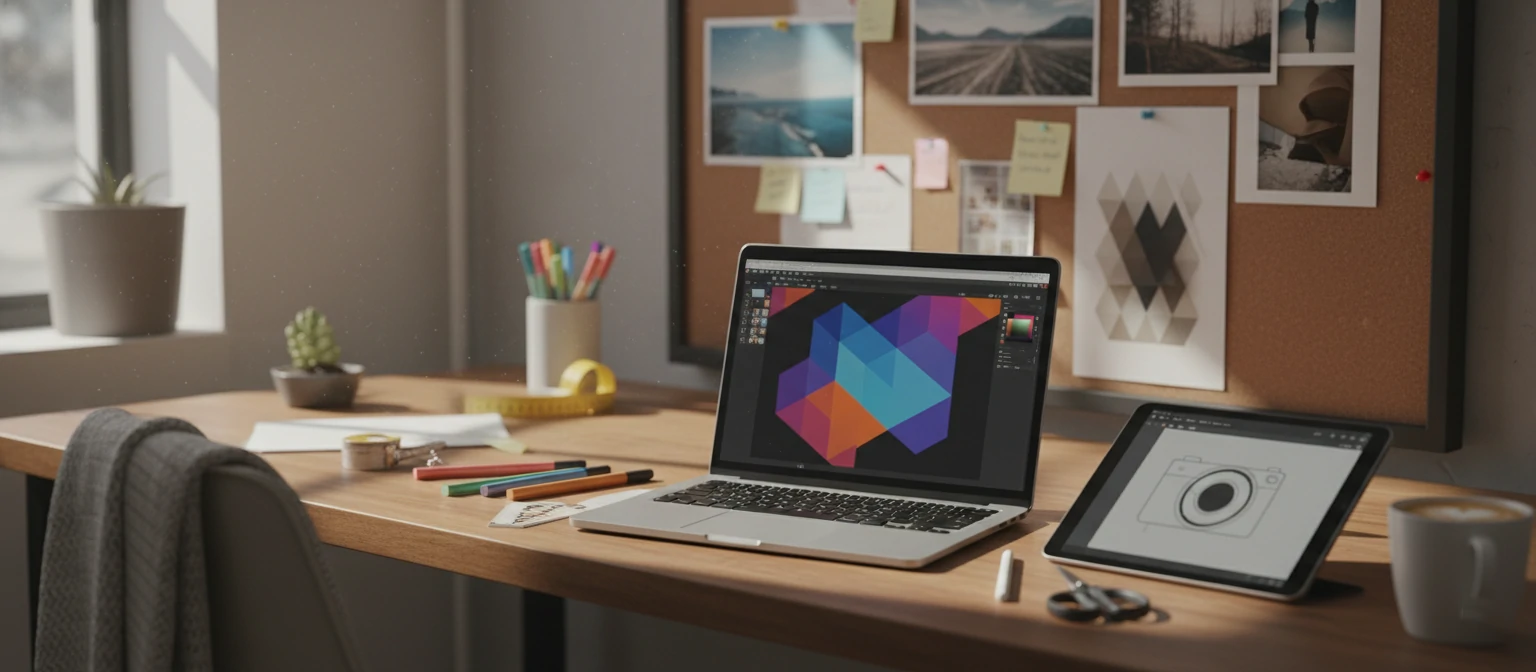 Creative workspace with laptop and design tools for content creation