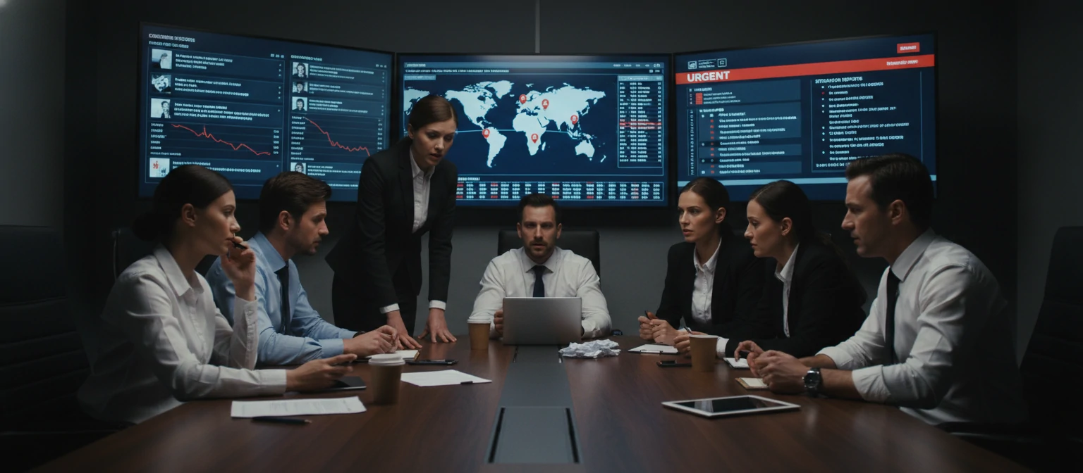 Crisis communication team in urgent response meeting reviewing situation reports