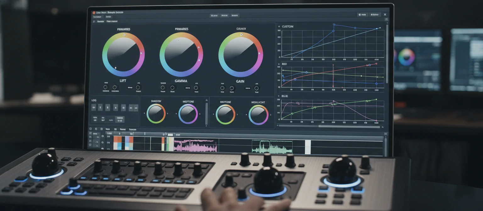 DaVinci Resolve color grading interface with professional color wheels and curves