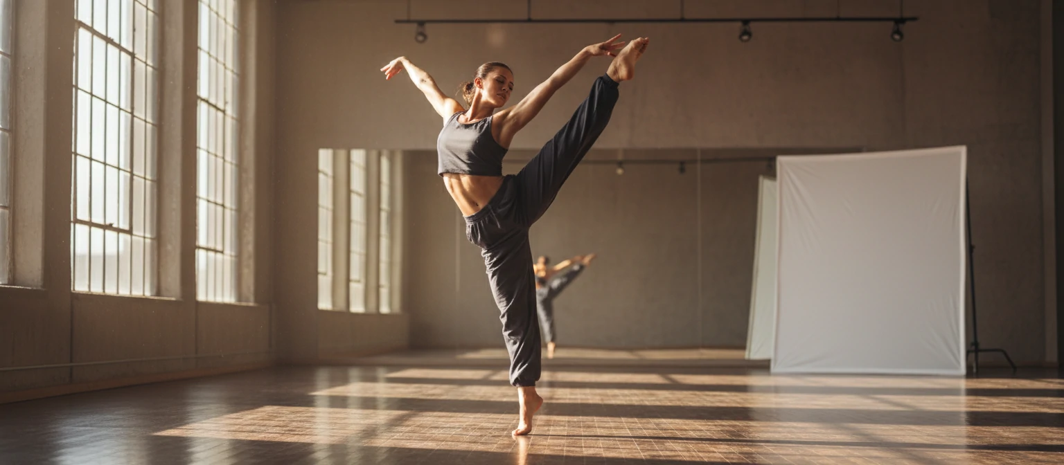 Dancer performing contemporary move in studio