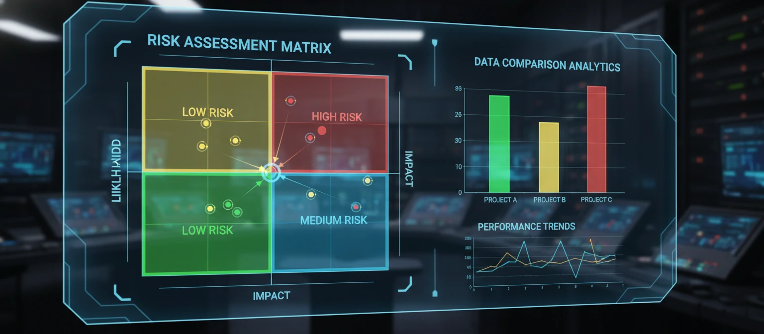 Data analytics dashboard showing risk assessment metrics and comparison charts
