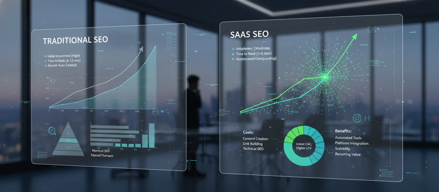 Data visualization charts comparing traditional vs SaaS SEO