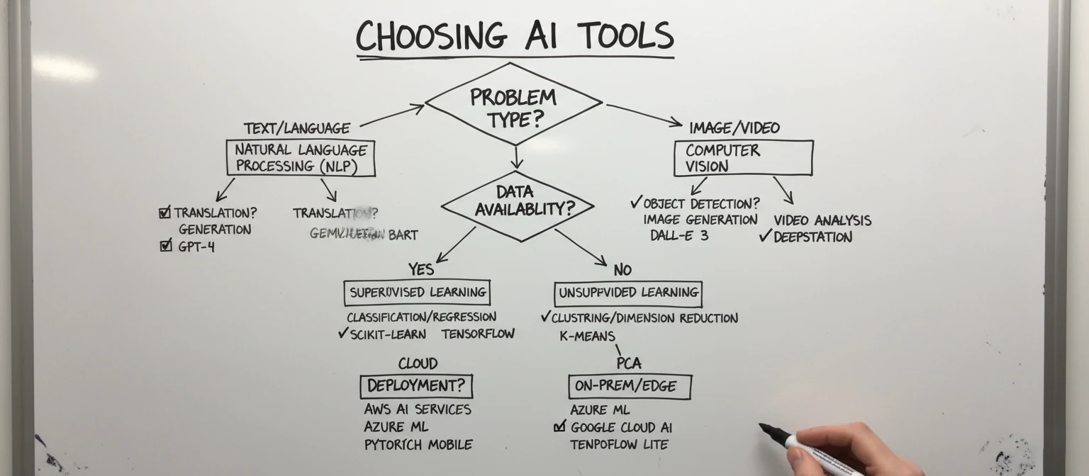Decision tree diagram for selecting appropriate AI tools