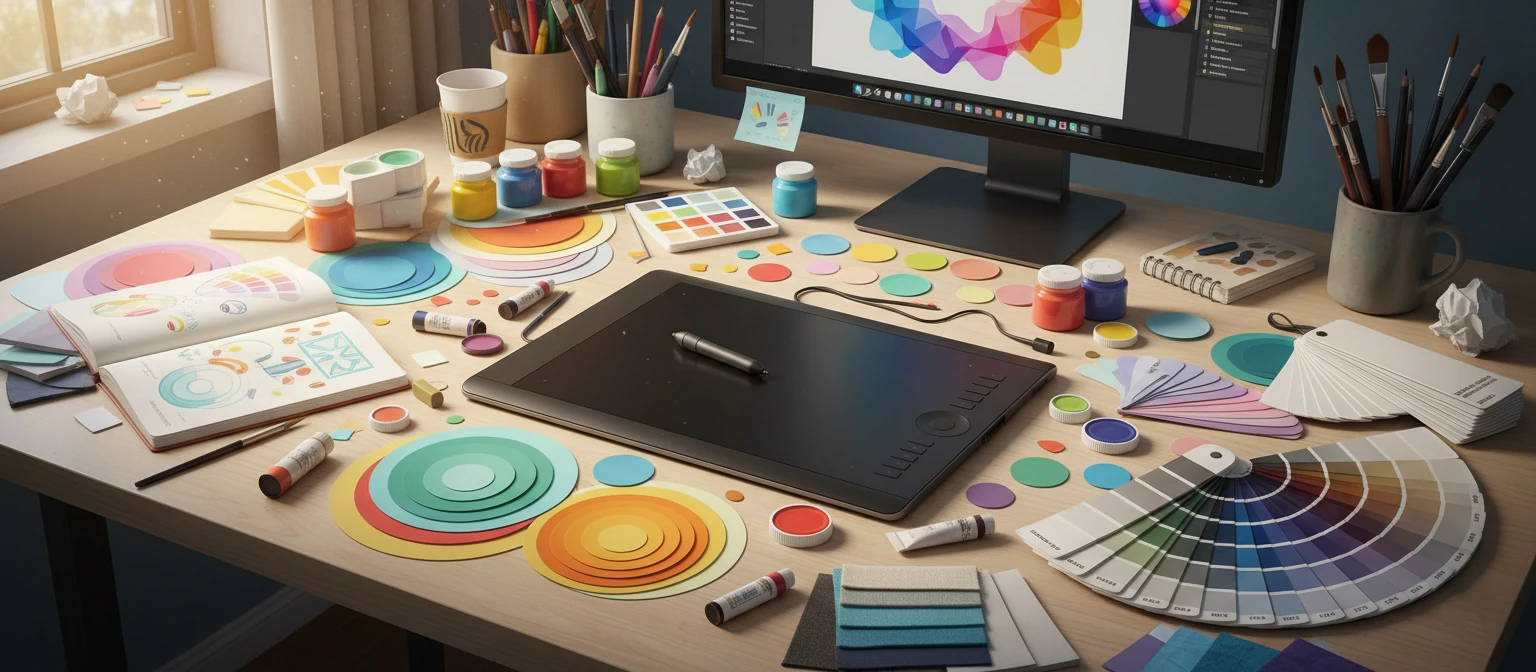 Design tools workspace with colorful swatches
