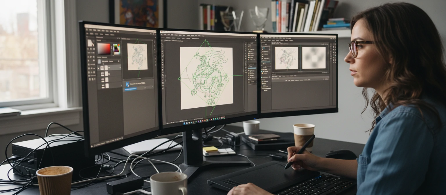 Designer using professional software for image conversion and vector tracing