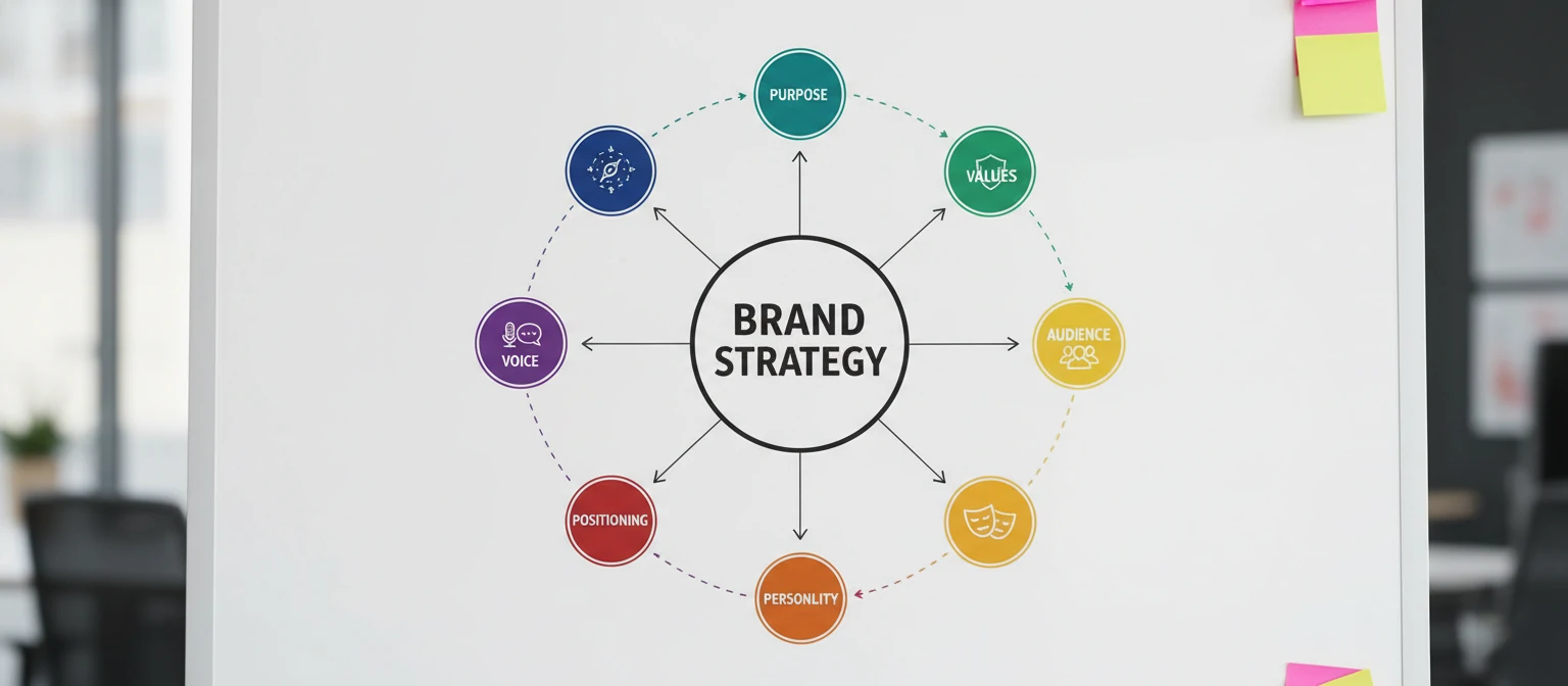 Diagram showing key elements of brand strategy including purpose, values, audience, personality, positioning, and voice