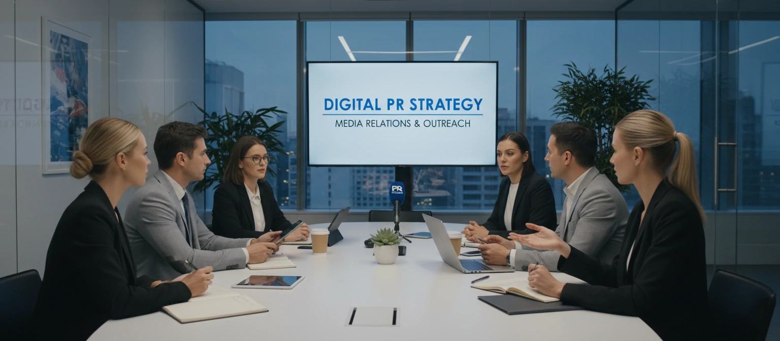 Digital PR strategy team meeting in modern office