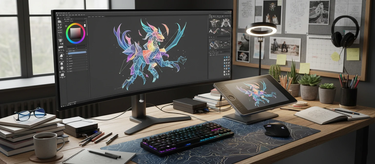Digital design workspace with vector graphics software and creative tools