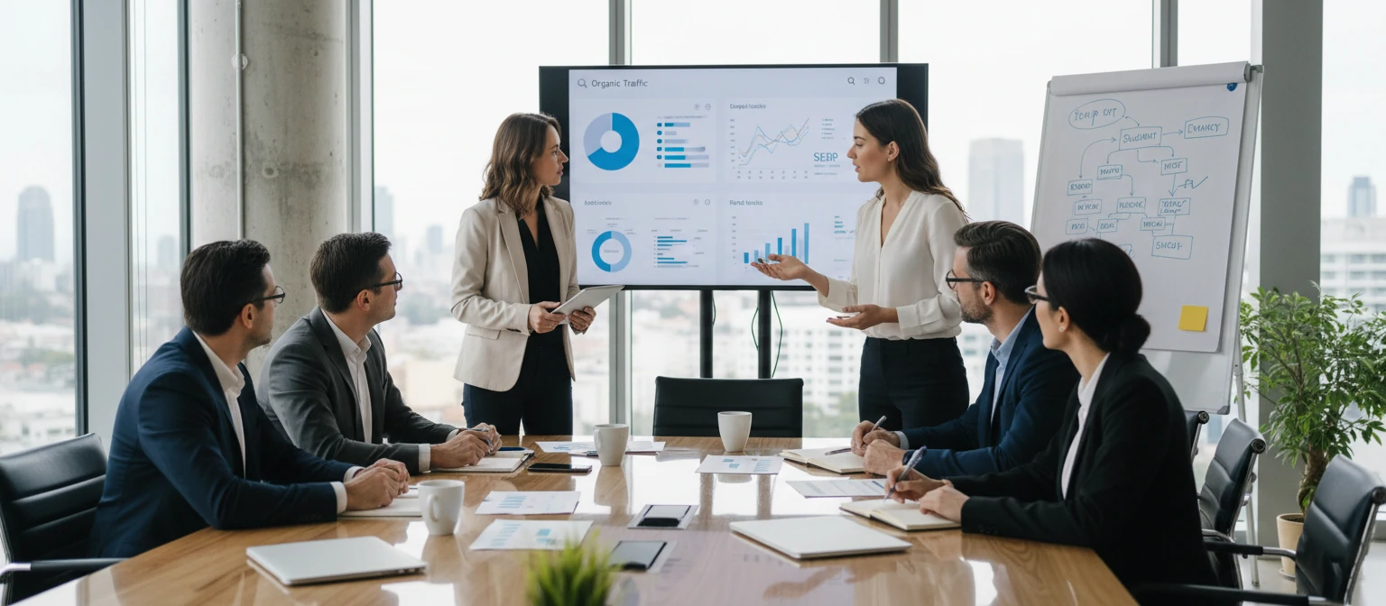 Enterprise business team discussing SEO strategy in a meeting