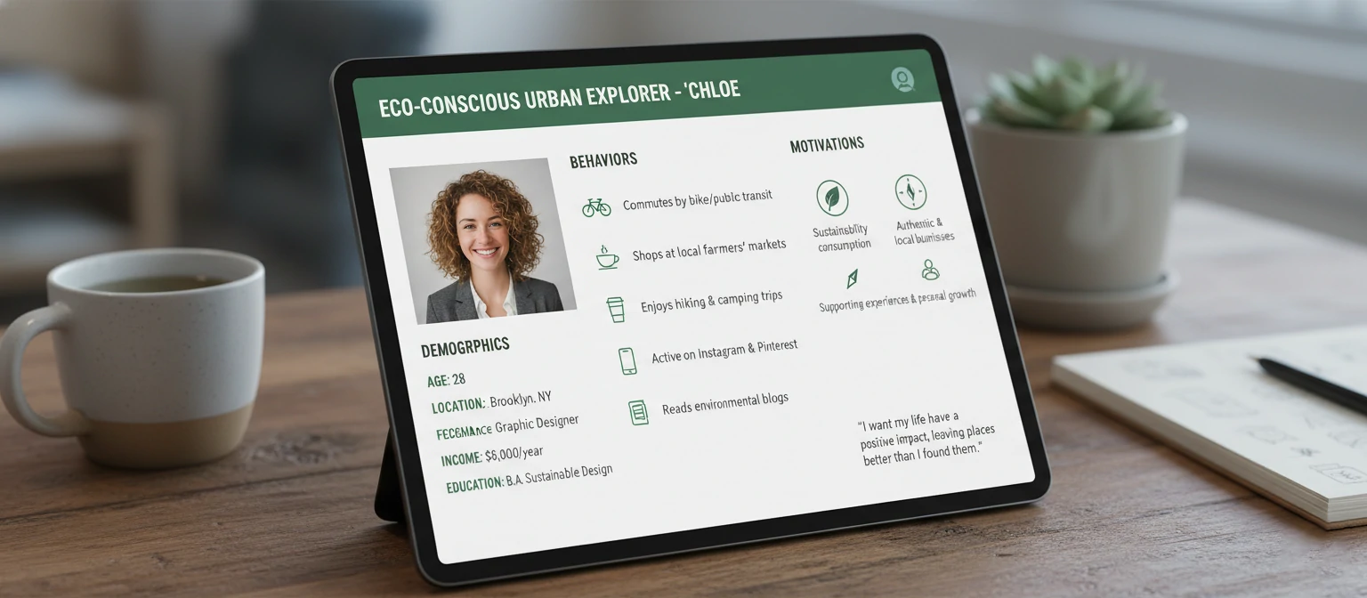 Example of a customer persona profile showing demographics, behaviors, and motivations