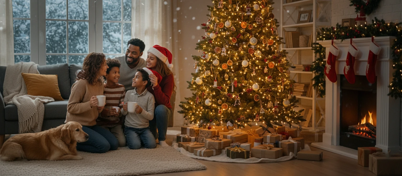 Family gathered around Christmas tree with warm lights and decorations