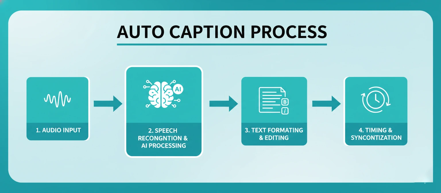 Flowchart diagram showing the 4-stage auto caption process with icons