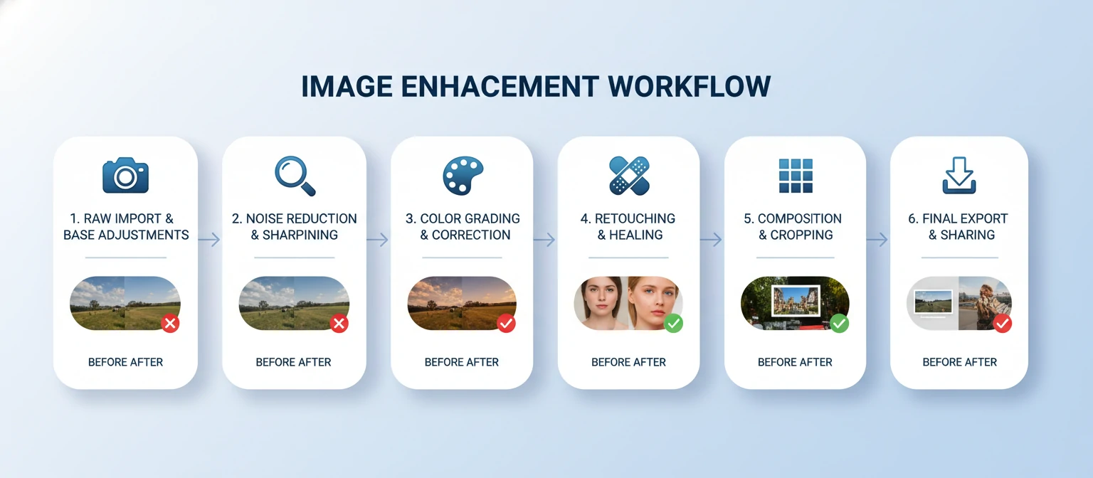 Flowchart infographic showing the 6-step enhancement workflow with icons for each phase and before-after