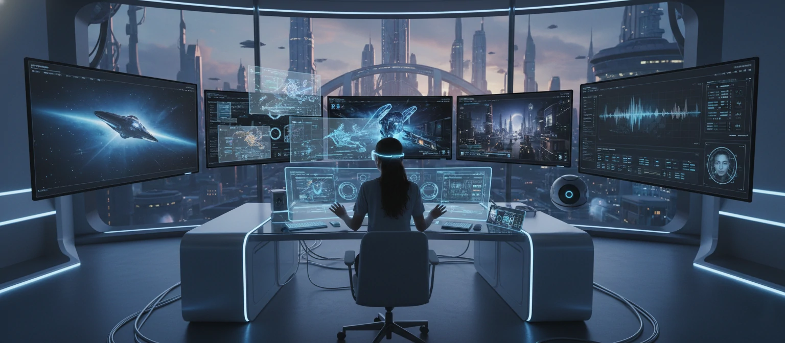 Futuristic AI-enhanced video editing suite with multiple monitors and visual effects