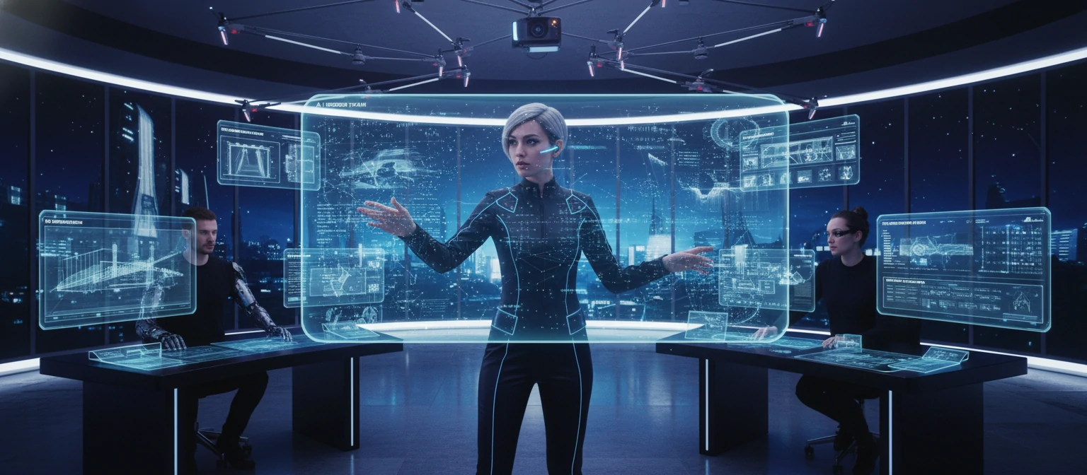 Futuristic AI-powered video production concept with holographic displays