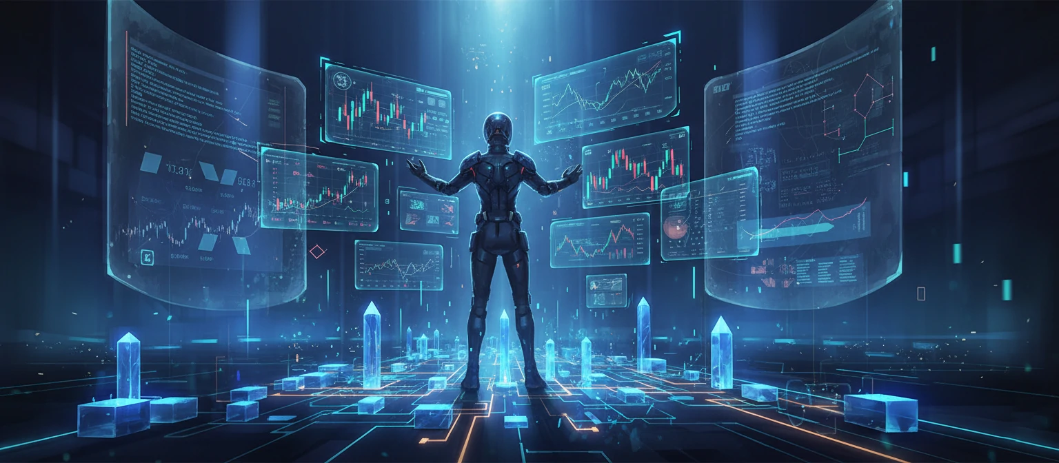 Futuristic illustration of crypto trading with holographic screens and blockchain elements