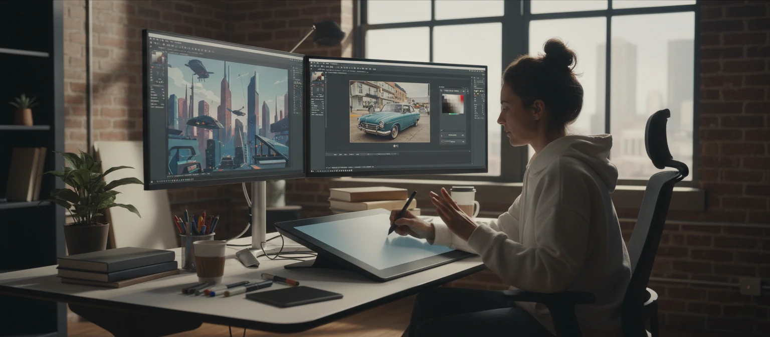 Graphic designer working on vector illustration and image conversion on computer screen