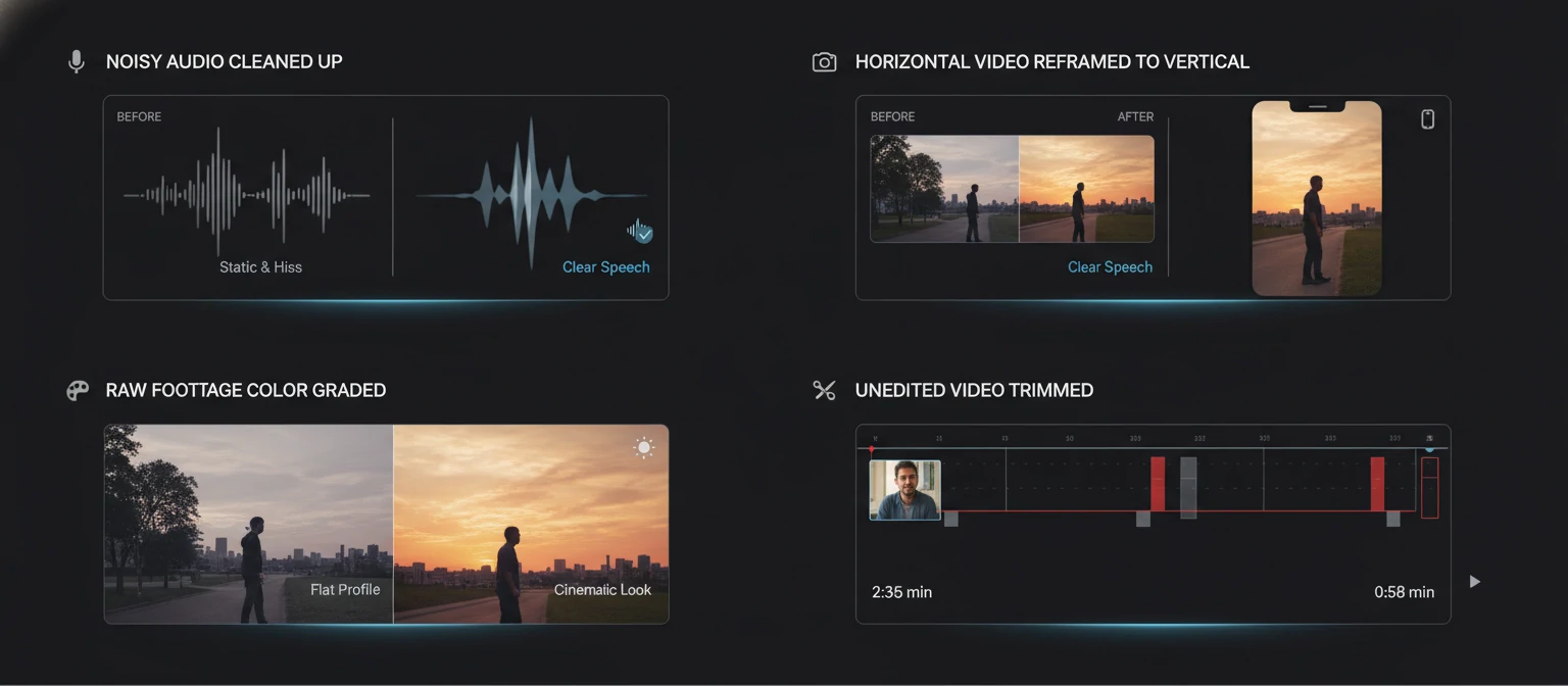 Grid showing before-after examples of AI features