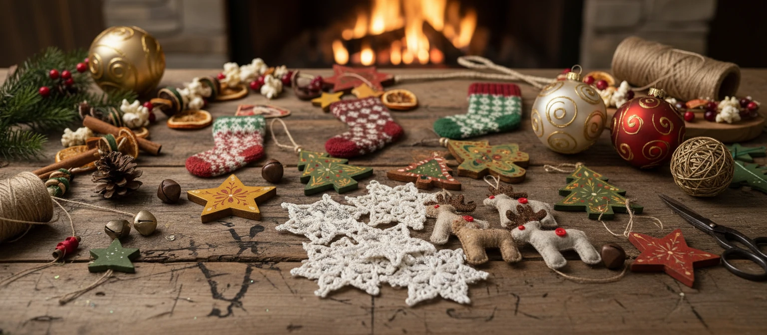 Handmade Christmas decorations and ornaments on wooden table