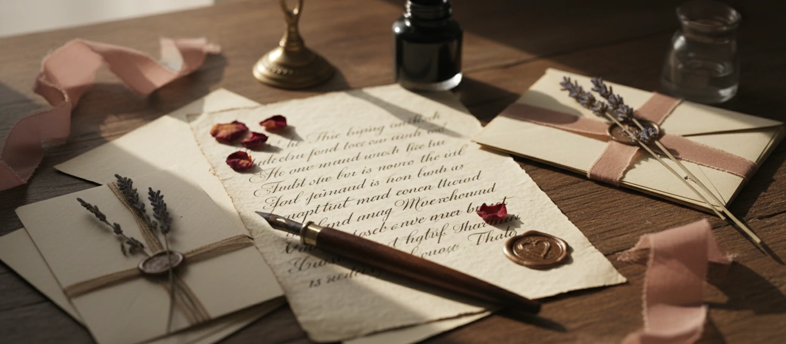 Handwritten love letter with calligraphy pen and romantic stationery