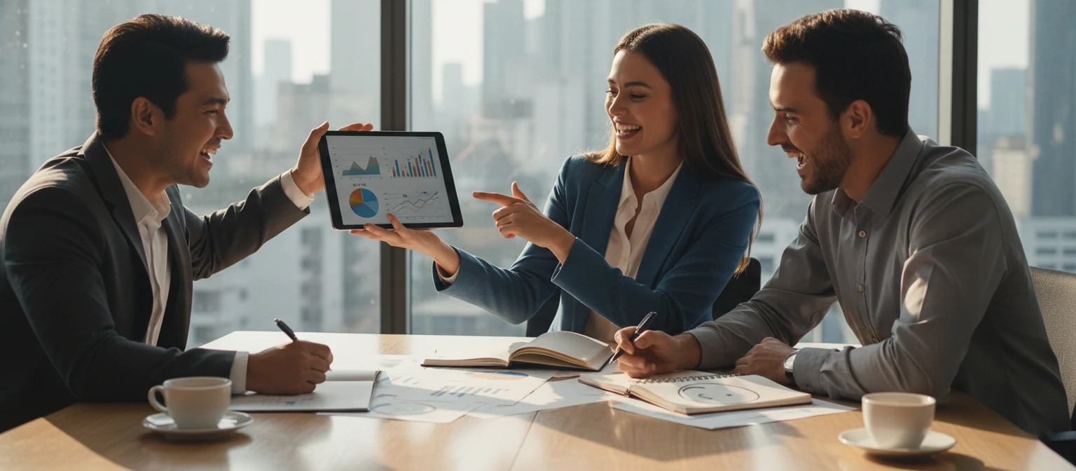 Happy clients discussing successful campaign results