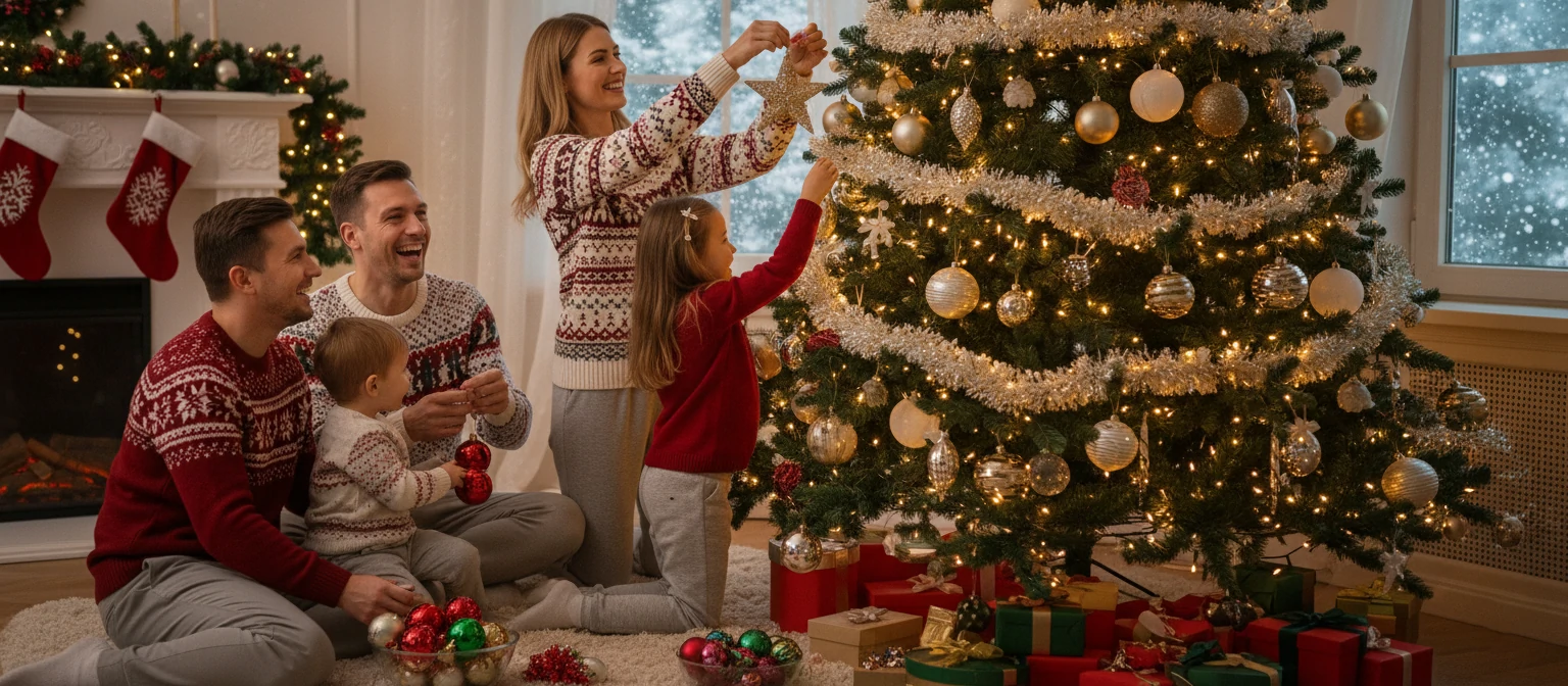 Happy family gathered around a decorated Christmas tree with warm lights