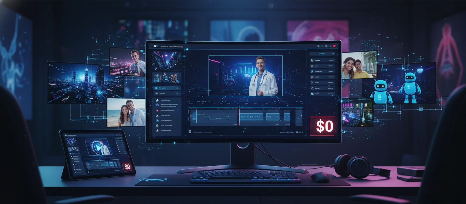 Hero banner showing a creative workspace with AI video generation interfaces