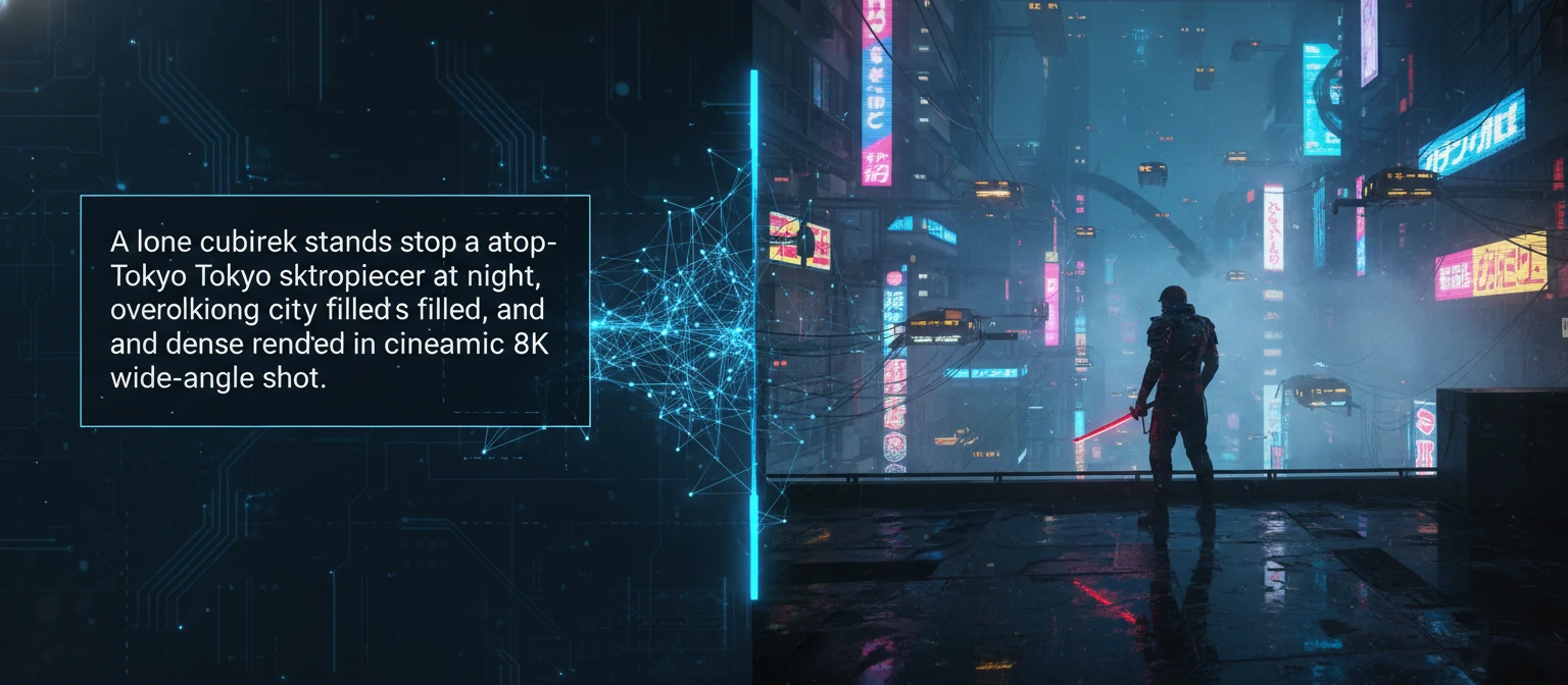 Hero banner showing a split-screen on the left, a simple text prompt; on the right, a stunning AI-generated cinematic scene