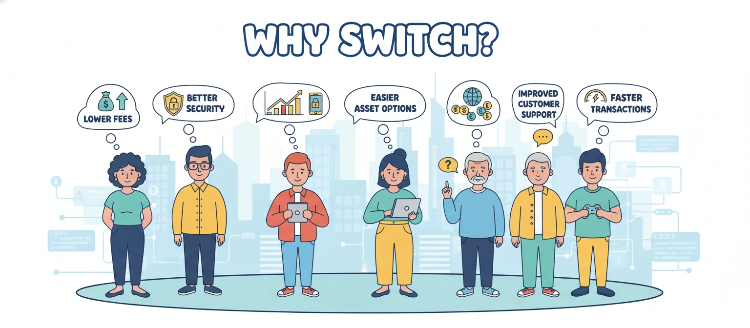 Illustration of diverse users with thought bubbles showing their reasons for switching exchanges