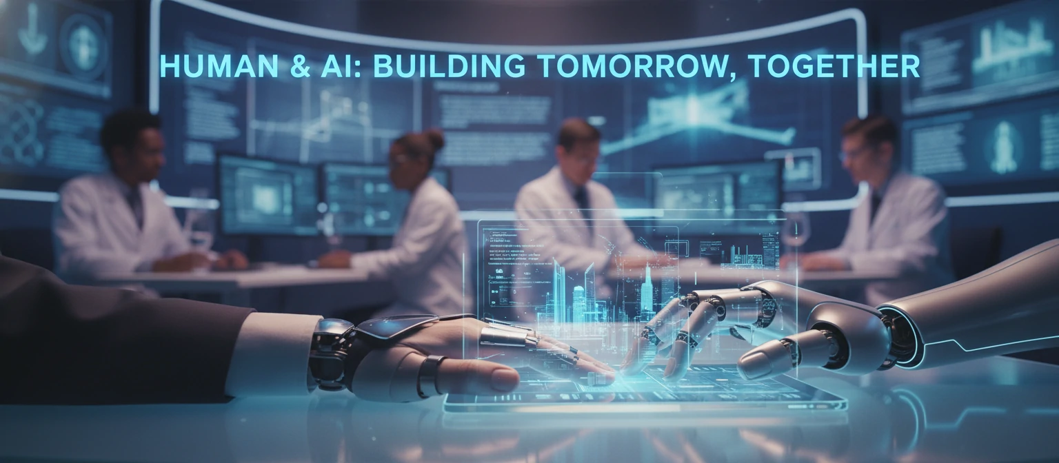 Illustration of human hand and robot hand working together on a project