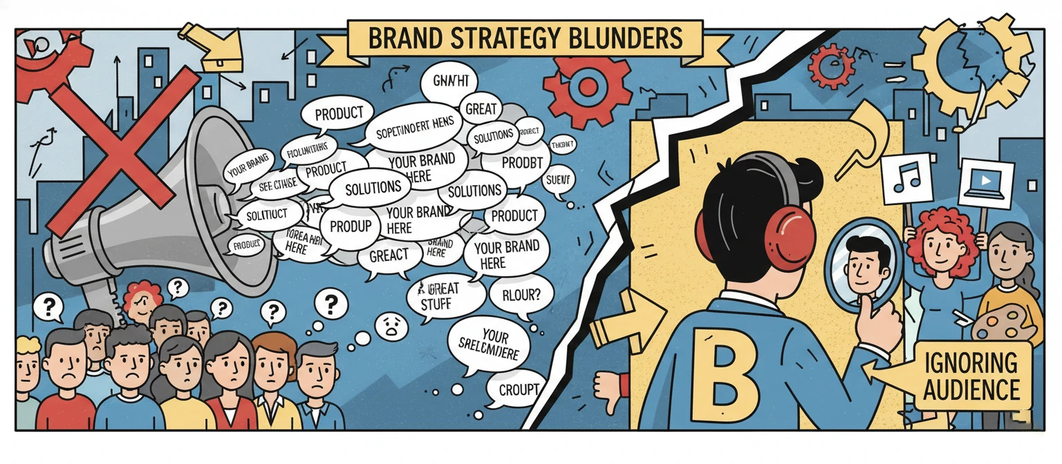Illustration showing common brand strategy mistakes like generic messaging and ignoring audience
